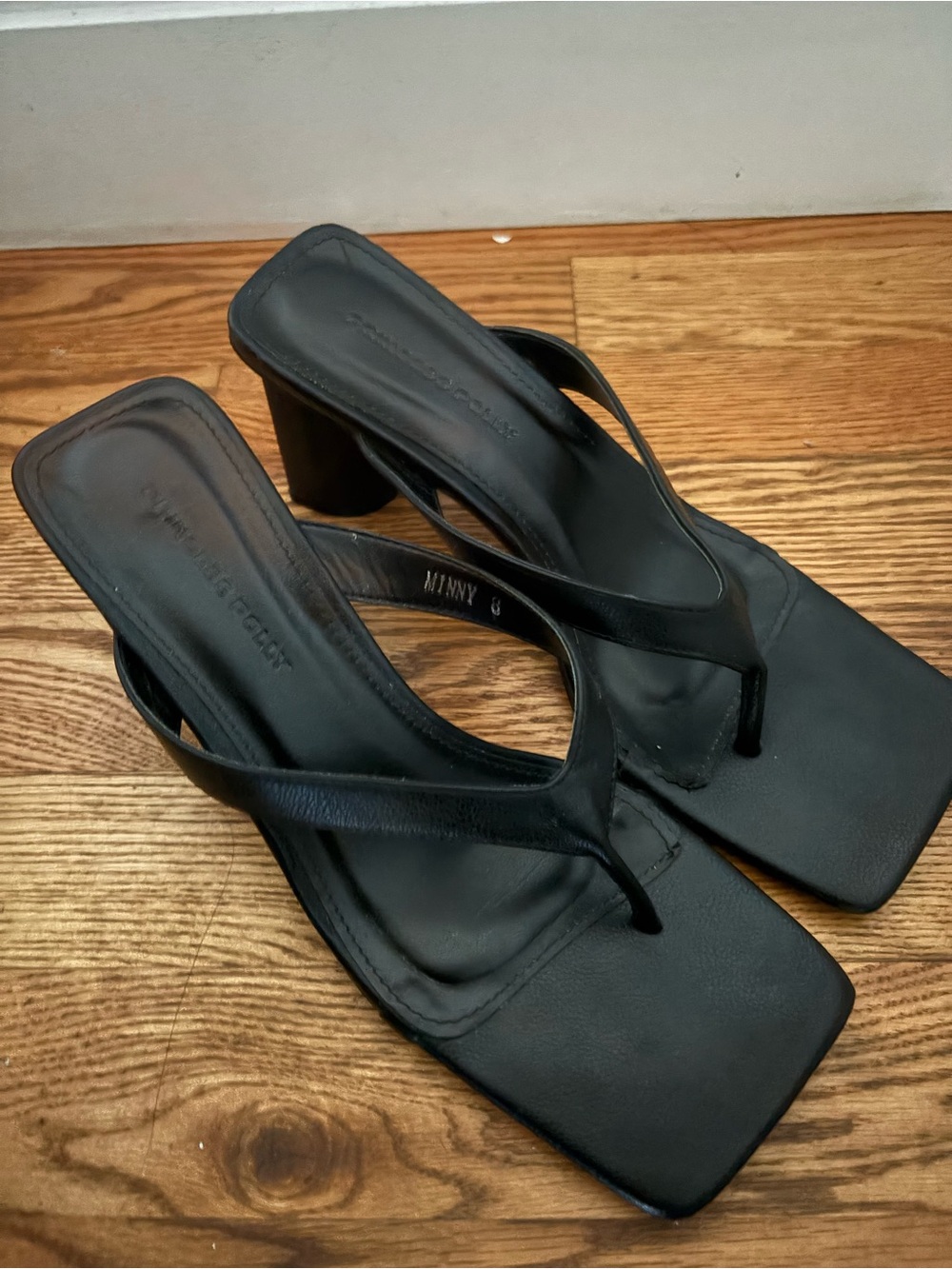 Black Square-Toe Heeled Thong Sandals - Women